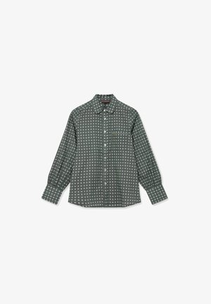 Camicia verde a maniche lunghe con colletto a punta, caratterizzata da un motivo circolare bianco, taschino frontale e chiusura a bottoni sui polsini.
