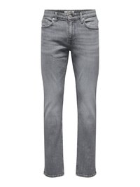 Jean denim gris pour homme, coupe slim, avec cinq poches et fermeture par bouton, étiquette de marque "ONLY & SONS" sur la ceinture.