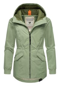 Light green jacket with a hood, front zipper, elastic cuffs, and two side pockets. Interior features a contrasting green lining and patterned label.