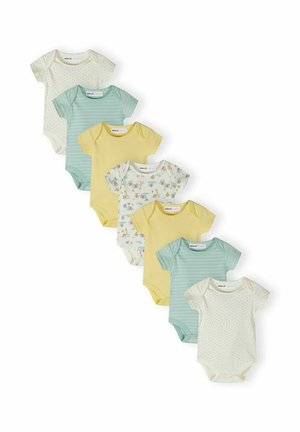 Siedem krótkich body niemowlęcych w kolorach żółtym, turkusowym w paski, z nadrukiem zwierzęcym oraz białych z małymi kropeczkami, ułożonych w linii ukośnej.