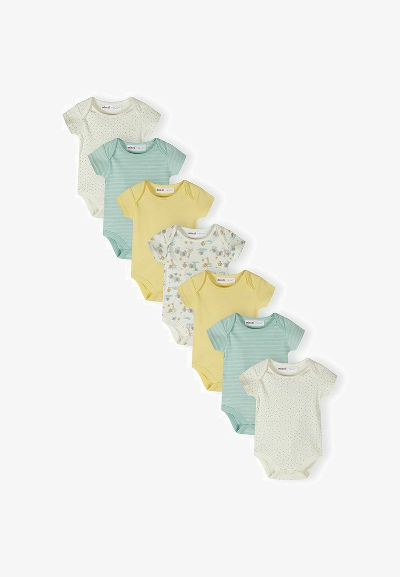 Șapte body-uri cu mânecă scurtă pentru bebeluși, în galben, dungi verde-albăstrui, imprimeu cu animale și alb cu puncte mici, aranjate în linie diagonală.