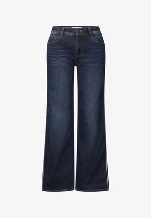 Jean large bleu foncé en denim. Comprend des passants de ceinture, des poches avant et des coutures contrastées le long des coutures.
