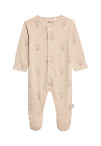 Mameluco beige hecho de tela suave que presenta un patrón de contornos de oso en color marrón. Incluye cierre de botones en la parte delantera y diseño con pies.