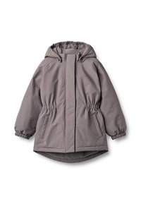 Chaqueta aislante gris con capucha, cintura elástica y mangas con puños. Cuenta con dos bolsillos laterales y un forro interior suave.