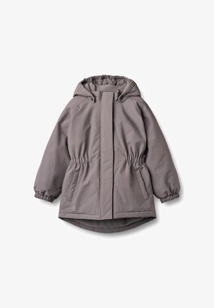 Giacca imbottita grigia con cappuccio, vita elastica e maniche con polsini. Presenta due tasche laterali e una morbida fodera interna.