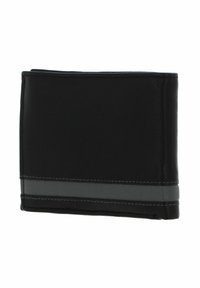 Portefeuille en cuir noir avec une texture lisse, présentant une bande d'accent grise et des coutures blanches contrastées. Design plié pour un rangement compact.