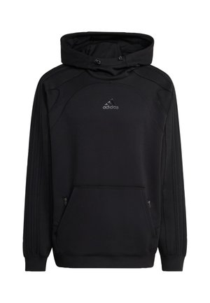 Zwarte Adidas hoodie met een gestructureerde afwerking, een grote voorzak en een verstelbare capuchon met trekkoord. Voorzien van een subtiel logo en gestreepte mouwen.