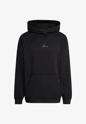 Black Adidas hoodie with a textured finish, large front pocket, and adjustable drawstring hood. Features subtle logo and striped sleeves.