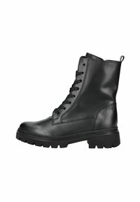 Botte de combat en cuir noir à lacets avec semelle épaisse et tige haute jusqu'à la cheville, vue de côté droit sur fond blanc.