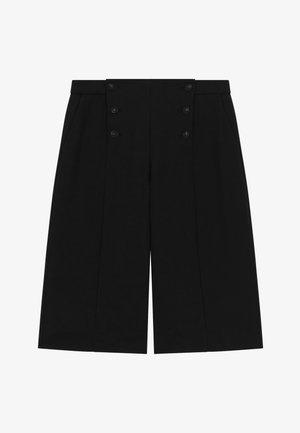 Schwarze Culottes mit hohem Bund, ausgestattet mit sechs vorderen Knöpfen, seitlichen Taschen und einer weit geschnittenen Silhouette für Luftzirkulation und Komfort.