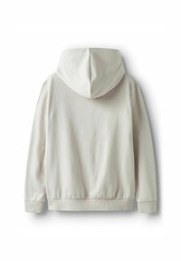 Felpa grigia chiara con cappuccio, dal taglio rilassato, con polsini e orlo a coste, caratterizzata da una texture morbida e un design minimale senza loghi visibili.
