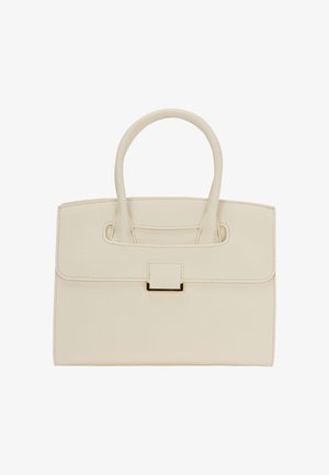 Beige, struktúrált kézitáska sima, textúrált felülettel. Két fogantyúval rendelkezik, és elöl egy téglalap alakú arany színű csatt található.