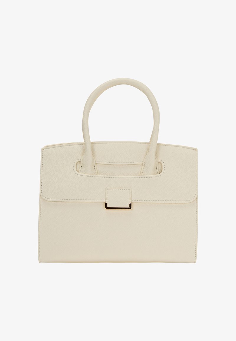 Beige struktureret håndtaske med en glat, tekstureret overflade. Den har to håndtag og et rektangulært lås i guldfarve foran.