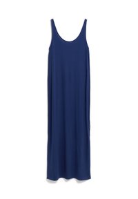 Robe sans manches bleu marine en tissu doux, avec un décolleté arrondi et une silhouette droite, sans motifs ni ornements visibles.