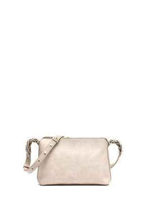 Beige rechthoekige crossbodytas met verstelbare riem en subtiele textuur, afgebeeld tegen een witte achtergrond.