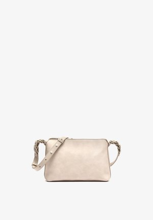 Sac bandoulière rectangulaire beige avec bandoulière ajustable et finition subtilement texturée, présenté sur fond blanc.
