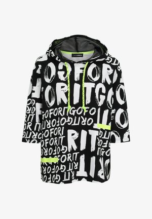 Schwarz-weiß übergroßer Hoodie mit auffälligen Textgrafiken und neon-grünen Akzenten. Hergestellt aus weichem Stoff mit einer Kapuze, die mit Netzfutter versehen ist.