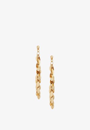 Pendientes largos de cadena en tono dorado con múltiples discos ovalados pequeños enlazados en un diseño en cascada.