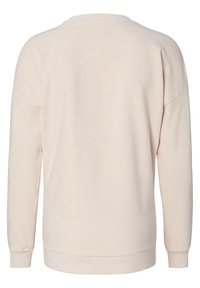 Ljusbeige sweatshirt med långa ärmar, rund halsringning, avslappnad passform och ribbade muddar och nederkant. Mjukt, texturerat tyg med minimala detaljer.
