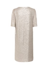 Kurzärmliges, knielanges Kleid in Silber, das mit Pailletten bedeckt ist. Schlichte, gerade Silhouette mit Rundhalsausschnitt und ohne sichtbare Verschlüsse.