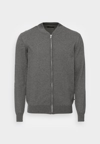 Šedý zapínací kardigan vyrobený z měkké látky, s kulatým výstřihem, elastickými manžetami a rovým lemem s minimálními designovými detaily.