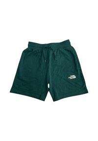 Pantaloni corti verdi in cotone con vita elastica, cordoncino e logo che presenta un design di montagna sulla parte bassa della gamba sinistra.