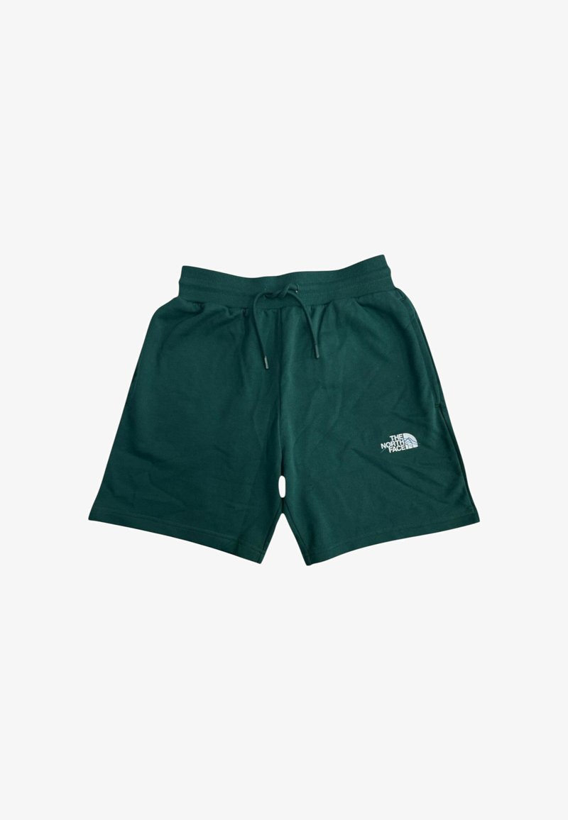 Pantaloni corti verdi in cotone con vita elastica, cordoncino e logo che presenta un design di montagna sulla parte bassa della gamba sinistra.