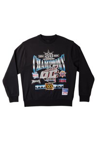 Black sweatshirt with a round neckline, featuring a colorful graphic print celebrating "30 Champions" with various logos and dates.