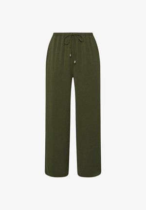 Olijfgroene broek met wijde pijpen, elastische tailleband en verstelbare trekkoord, gemaakt van zachte, lichte stof.