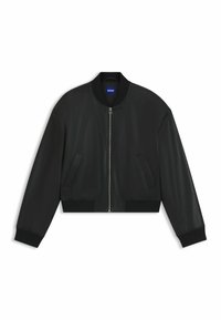Giacca bomber in pelle nera con colletto, polsi e orlo a costine. Presenta una chiusura con zip e due tasche laterali. Texture liscia, design cropped.