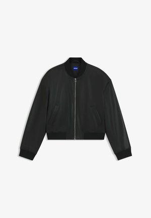 Black leather bomber jacket with ribbed collar, cuffs, and hem. Features zip closure and two side pockets. Smooth texture, cropped design.