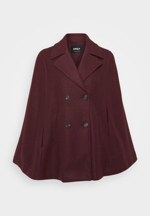 Karmesinroter Wollmischung-Cape mit doppelreihigem Design, Reverskragen, großen schwarzen Knöpfen und zwei seitlichen Taschen.
