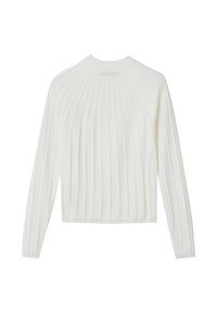 Weißer, gerippter Pullover mit langen Ärmeln und hohem Kragen; hat vertikale Streifen und eine weiche Textur. Gerader Schnitt am Saum. Keine sichtbaren Verschlüsse.