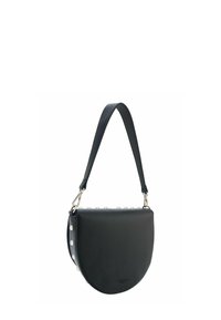 Sac d'épaule en cuir noir en forme de demi-lune, avec des accents en perles et une texture plate et lisse. Quincaillerie argentée et sangle réglable.