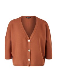 Cardigan rouille à manches courtes avec trois boutons blancs, col en V, poignets et ourlet côtelés, taille indiquée small.