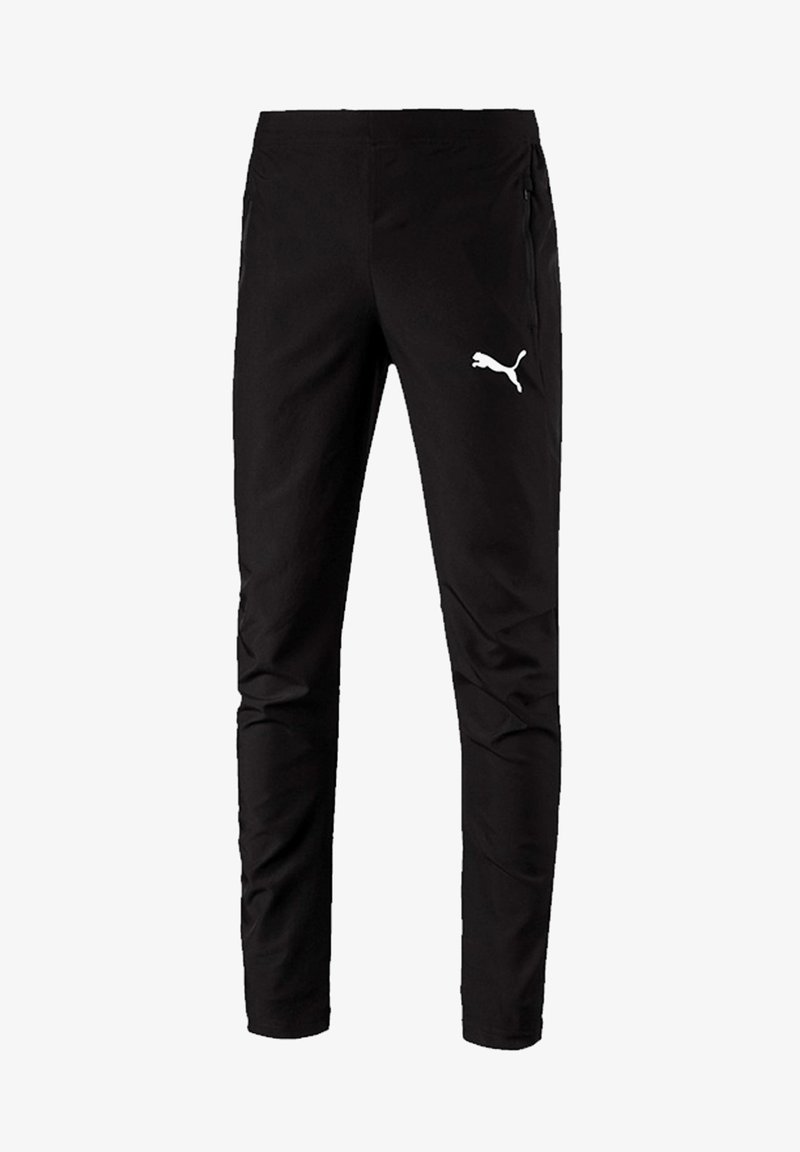 Pantaloni sportivi neri con vestibilità affusolata, realizzati in tessuto leggero. Presentano un logo Puma bianco sulla coscia sinistra e tasche con zip sui lati.