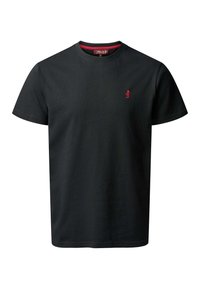Μαύρο κοντομάνικο T-shirt με στρογγυλή λαιμόκοψη, μικρό κόκκινο κεντημένο λογότυπο στο αριστερό στήθος και κόκκινη λεπτομέρεια στην εσωτερική πλευρά του γιακά.