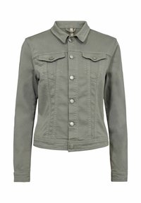 Lichtgroene denimjas met lange mouwen, knopen aan de voorkant, twee borstzakken en subtiele stikseldetails. Gladde stoftextuur.