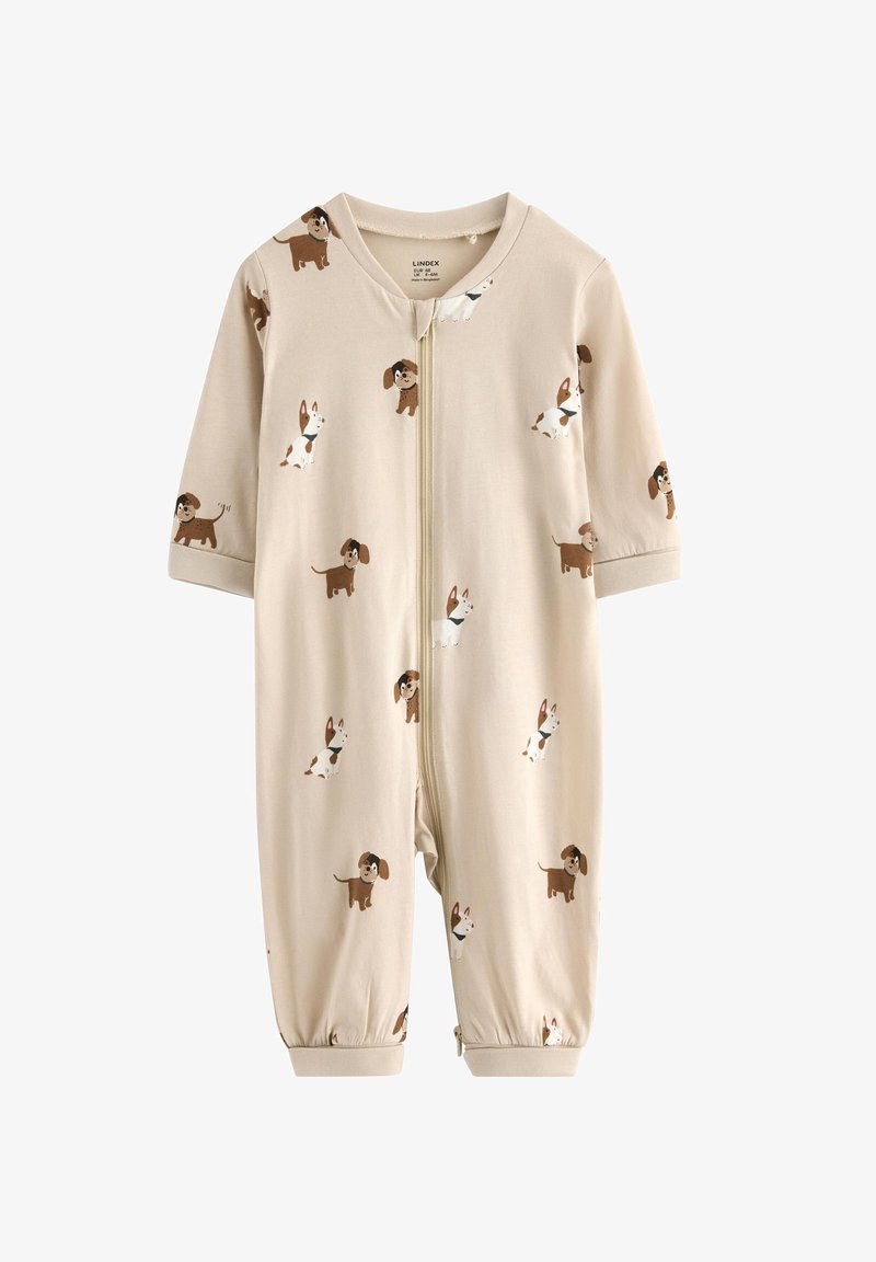 Grenouillère beige à fermeture éclair ornée de différents chiens de dessin animé en marron, noir et blanc, avec des manches courtes et des poignets élastiqués aux chevilles.