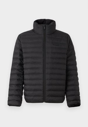 Black puffer jacket with a high collar, horizontal quilted design, and front zipper. Soft, water-resistant material with a minimal branding detail.