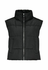 Czarna, ocieplana kamizelka bez rękawów z wysokim kołnierzem, zamkiem błyskawicznym z przodu i dwoma bocznymi kieszeniami. Gładki materiał o pikowanej strukturze.