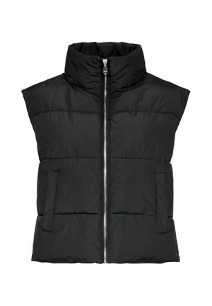 Czarna, ocieplana kamizelka bez rękawów z wysokim kołnierzem, zamkiem błyskawicznym z przodu i dwoma bocznymi kieszeniami. Gładki materiał o pikowanej strukturze.