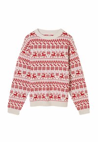 Weißer und roter gestrickter Pullover mit festlichen Mustern von Rentieren, Schneeflocken und geometrischen Formen, langen Ärmeln und einem runden Ausschnitt.