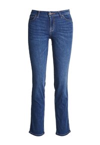 Jeans de mezclilla en azul oscuro, diseño de pierna recta con cinco bolsillos, botón de metal y costuras contrastantes. Textura suave y sin adornos.