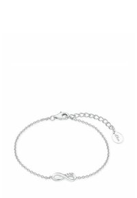 Bracciale in argento con simbolo dell'infinito, piccole pietre trasparenti, chiusura a moschettone e catena regolabile con etichetta.