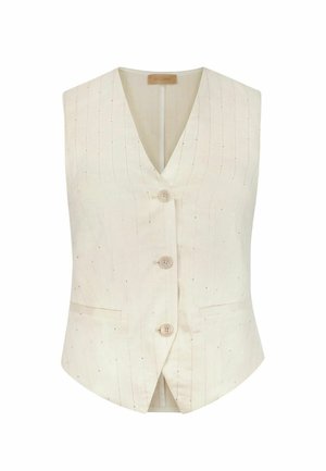 Flødefarvet ærmeløs vest med subtile nålestriber, tre knapper foran og to små forlommer.