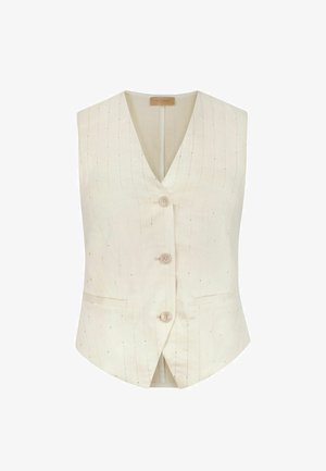 Beżowa kamizelka bez rękawów z delikatnymi prążkami, trzema guzikami z przodu i dwoma małymi przednimi kieszeniami.