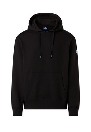 Schwarzer Kapuzenpullover aus weichem Stoff; verfügt über eine mit Kordelzug verstellbare Kapuze, eine Fronttasche, gerippte Bündchen und ein kleines Logo am linken Ärmel.