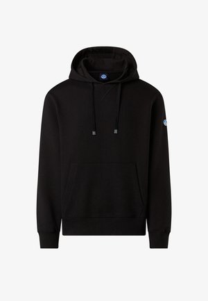 Felpa con cappuccio nera in tessuto morbido; presenta un cappuccio con coulisse, tasca frontale, polsini a coste e un piccolo logo sulla manica sinistra.