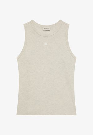 Débardeur beige côtelé sans manches avec encolure ronde, orné d'un petit logo Calvin Klein brodé au centre devant.